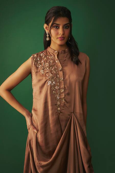 Shop_Mehak Murpana_Beige Satin Embroidery Mandarin Collar Mukaish Draped Gown _Online_at_Aza_Fashions