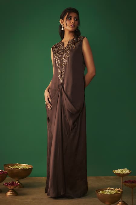 Mehak Murpana_Brown Satin Embroidery Split V-neck Floral Yoke Draped Gown _Online_at_Aza_Fashions