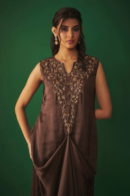 Buy_Mehak Murpana_Brown Satin Embroidery Split V-neck Floral Yoke Draped Gown _Online_at_Aza_Fashions
