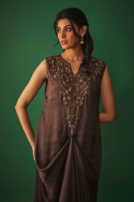 Shop_Mehak Murpana_Brown Satin Embroidery Split V-neck Floral Yoke Draped Gown _Online_at_Aza_Fashions