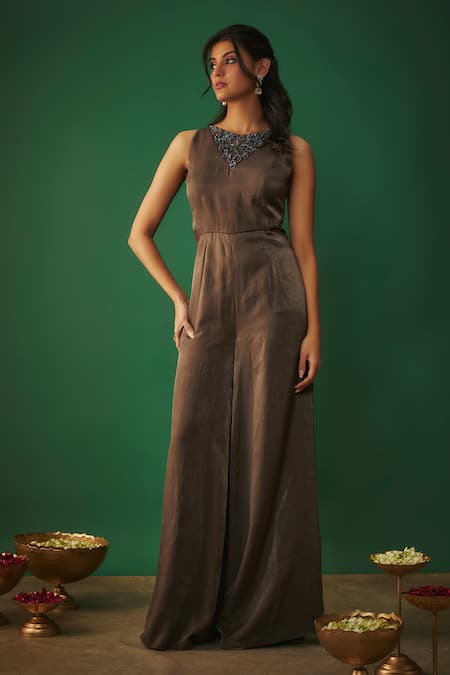 Mehak Murpana Grey Textured Satin Embroidery Zardozi Boat Neck Floral Neckline Jumpsuit 