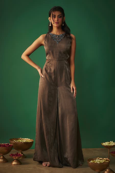 Mehak Murpana Grey Satin Zari, Beads Boat Neck Floral Neckline Embroidered Jumpsuit Online at Aza Fashions Mehak Murpana_Grey Satin Zari, Beads Boat Neck Floral Neckline Embroidered Jumpsuit _Online_at_Aza_Fashions