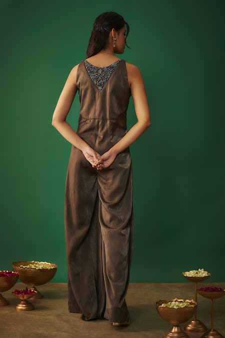 Mehak Murpana Grey Satin Zari, Beads Boat Neck Floral Neckline Embroidered Jumpsuit at Aza Fashions Mehak Murpana_Grey Satin Zari, Beads Boat Neck Floral Neckline Embroidered Jumpsuit _at_Aza_Fashions