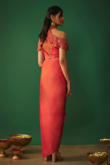 Shop Mehak Murpana Orange Quilted Sequin Embroidered Top And Dhoti Skirt at Aza Fashions Shop_Mehak Murpana_Orange Quilted Sequin Embroidered Top And Dhoti Skirt _at_Aza_Fashions
