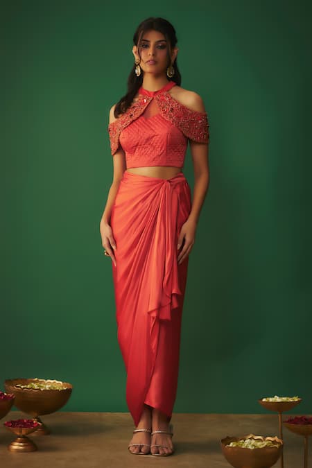 Mehak Murpana Orange Quilted Sequin Embroidered Top And Dhoti Skirt at Aza Fashions Mehak Murpana_Orange Quilted Sequin Embroidered Top And Dhoti Skirt _at_Aza_Fashions