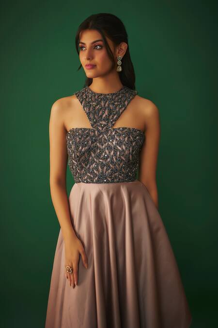 Mehak Murpana_Beige Bridal Satin Embroidery Mirror Halter Neck Floral Gown _Online_at_Aza_Fashions