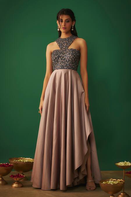 Buy_Mehak Murpana_Beige Bridal Satin Embroidery Mirror Halter Neck Floral Gown _Online_at_Aza_Fashions