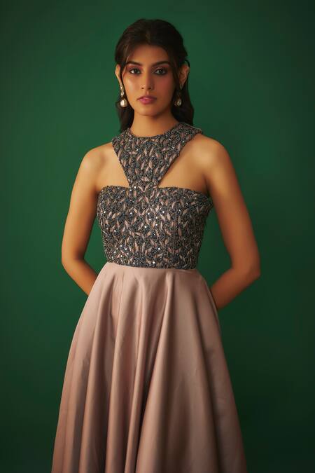 Shop_Mehak Murpana_Beige Bridal Satin Embroidery Mirror Halter Neck Floral Gown _Online_at_Aza_Fashions