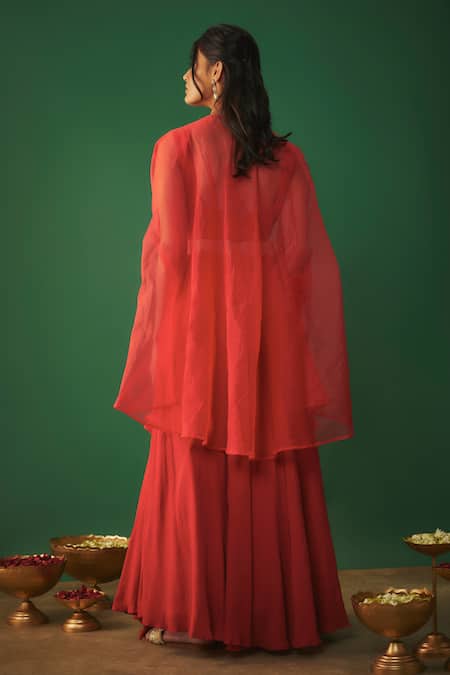Shop_Mehak Murpana_Red Organza, Crepe Embroidery Round Neck Cape Lehenga Set _at_Aza_Fashions