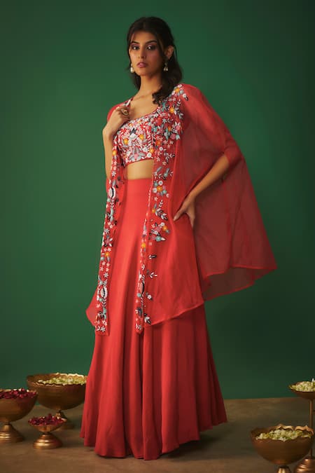 Buy_Mehak Murpana_Red Organza, Crepe Embroidery Round Neck Cape Lehenga Set _Online_at_Aza_Fashions