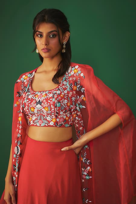Shop_Mehak Murpana_Red Organza, Crepe Embroidery Round Neck Cape Lehenga Set _Online_at_Aza_Fashions