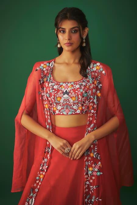 Mehak Murpana_Red Organza, Crepe Embroidery Round Neck Cape Lehenga Set _at_Aza_Fashions