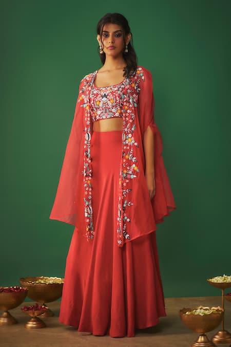Buy_Mehak Murpana_Red Organza, Crepe Embroidery Round Neck Cape Lehenga Set 