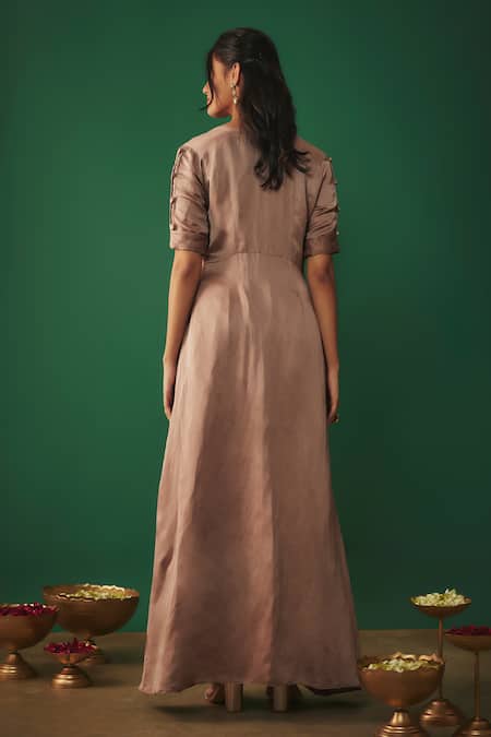 Shop Mehak Murpana Beige Satin, Linen Mirrors, Embroidery Split V-neck Work Kurta And Dhoti Pant Set at Aza Fashions Shop_Mehak Murpana_Beige Satin, Linen Mirrors, Embroidery Split V-neck Work Kurta And Dhoti Pant Set _at_Aza_Fashions