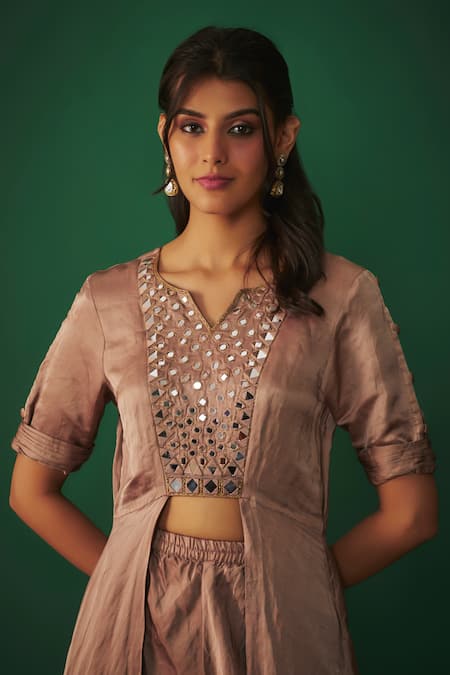 Mehak Murpana Beige Satin, Linen Mirrors, Embroidery Split V-neck Work Kurta And Dhoti Pant Set Online at Aza Fashions Mehak Murpana_Beige Satin, Linen Mirrors, Embroidery Split V-neck Work Kurta And Dhoti Pant Set _Online_at_Aza_Fashions
