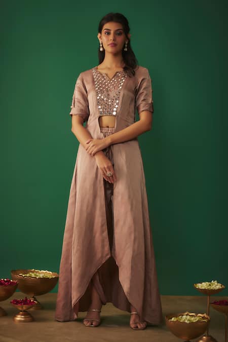 Buy Mehak Murpana Beige Satin, Linen Mirrors, Embroidery Split V-neck Work Kurta And Dhoti Pant Set Online at Aza Fashions Buy_Mehak Murpana_Beige Satin, Linen Mirrors, Embroidery Split V-neck Work Kurta And Dhoti Pant Set _Online_at_Aza_Fashions