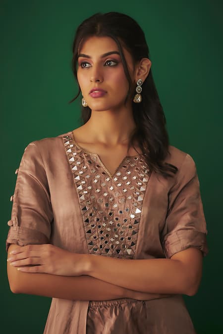 Mehak Murpana Beige Satin, Linen Mirrors, Embroidery Split V-neck Work Kurta And Dhoti Pant Set at Aza Fashions Mehak Murpana_Beige Satin, Linen Mirrors, Embroidery Split V-neck Work Kurta And Dhoti Pant Set _at_Aza_Fashions