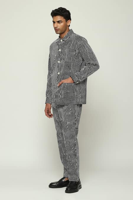 Abraham And Thakore_Black Cotton Broken Pinstripe Print Jacket_Online_at_Aza_Fashions