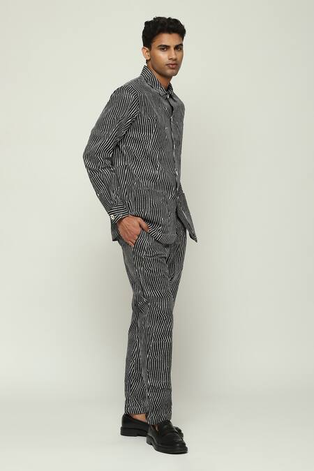 Buy_Abraham And Thakore_Black Cotton Broken Pinstripe Print Jacket_Online_at_Aza_Fashions