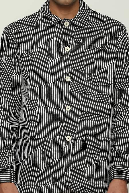 Shop_Abraham And Thakore_Black Cotton Broken Pinstripe Print Jacket_Online_at_Aza_Fashions