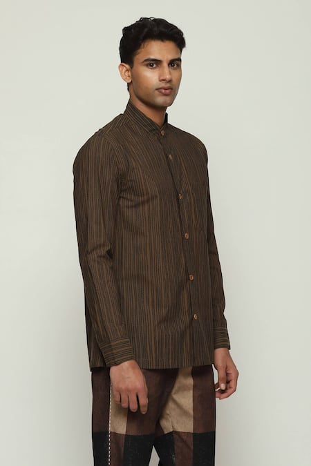 Shop Abraham And Thakore Brown Cotton Embroidery Crewel Print Shirt Online at Aza Fashions Shop_Abraham And Thakore_Brown Cotton Embroidery Crewel Print Shirt _Online_at_Aza_Fashions