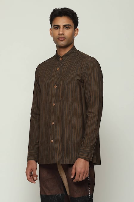 Abraham And Thakore Brown Cotton Embroidery Crewel Print Shirt at Aza Fashions Abraham And Thakore_Brown Cotton Embroidery Crewel Print Shirt _at_Aza_Fashions