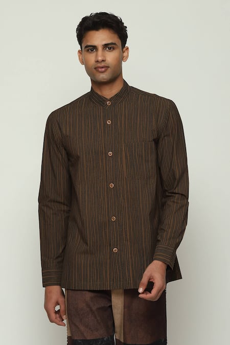 Buy Abraham And Thakore Brown Cotton Embroidery Crewel Print Shirt Buy_Abraham And Thakore_Brown Cotton Embroidery Crewel Print Shirt
