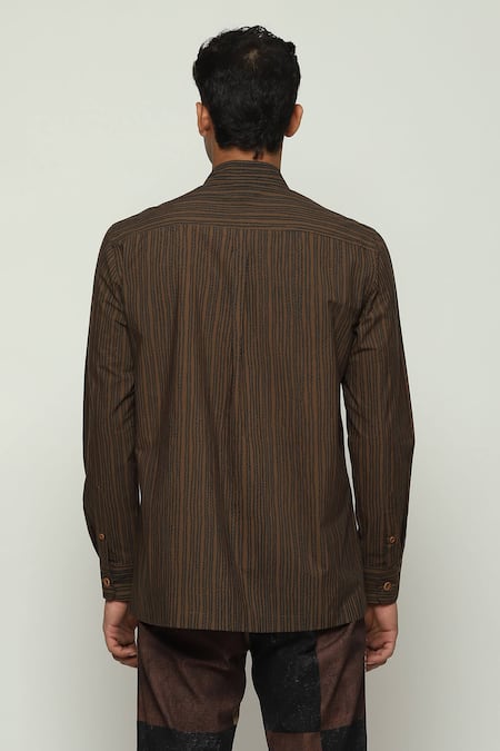 Shop Abraham And Thakore Brown Cotton Embroidery Crewel Print Shirt at Aza Fashions Shop_Abraham And Thakore_Brown Cotton Embroidery Crewel Print Shirt _at_Aza_Fashions