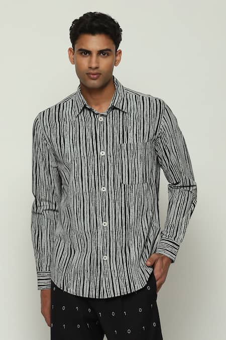 Abraham And Thakore_Black Cotton Embroidery Crewel Print Full Sleeve Shirt_Online_at_Aza_Fashions