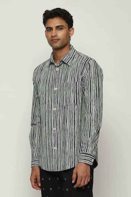 Buy_Abraham And Thakore_Black Cotton Embroidery Crewel Print Full Sleeve Shirt_Online_at_Aza_Fashions