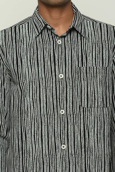 Abraham And Thakore_Black Cotton Embroidery Crewel Print Full Sleeve Shirt_at_Aza_Fashions