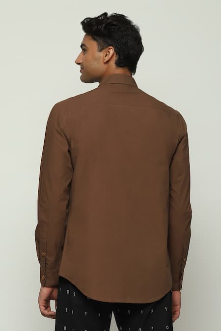 Shop Abraham And Thakore Brown Cotton Placement Panel Print Shirt at Aza Fashions Shop_Abraham And Thakore_Brown Cotton Placement Panel Print Shirt_at_Aza_Fashions