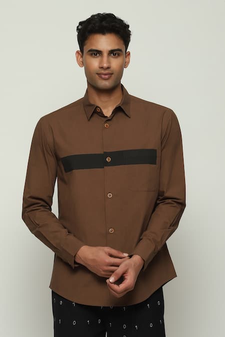 Abraham And Thakore Brown Cotton Placement Panel Print Shirt Online at Aza Fashions Abraham And Thakore_Brown Cotton Placement Panel Print Shirt_Online_at_Aza_Fashions