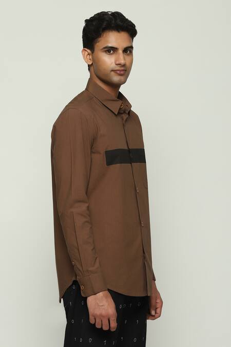 Shop Abraham And Thakore Brown Cotton Placement Panel Print Shirt Online at Aza Fashions Shop_Abraham And Thakore_Brown Cotton Placement Panel Print Shirt_Online_at_Aza_Fashions