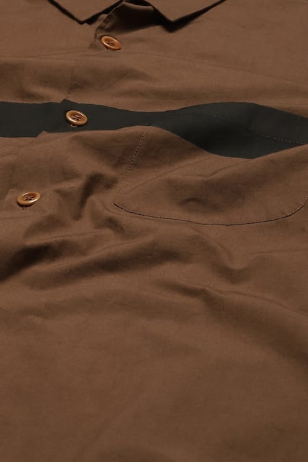 Abraham And Thakore Brown Cotton Placement Panel Print Shirt at Aza Fashions Abraham And Thakore_Brown Cotton Placement Panel Print Shirt_at_Aza_Fashions