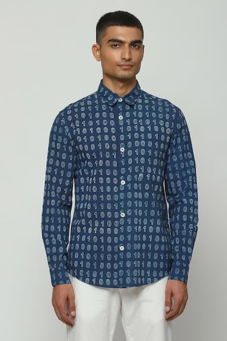 ABRAHAM AND THAKORE_Blue Cotton Number Print Shirt _Online_at_Aza_Fashions
