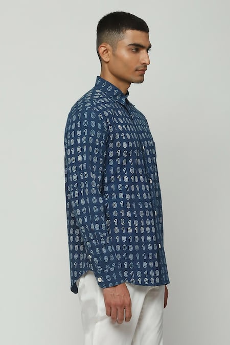 Shop_ABRAHAM AND THAKORE_Blue Cotton Number Print Shirt _Online_at_Aza_Fashions