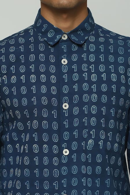 ABRAHAM AND THAKORE_Blue Cotton Number Print Shirt _at_Aza_Fashions