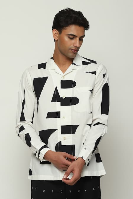 Abraham And Thakore_White Cotton Calligraphy Print Shirt_Online_at_Aza_Fashions