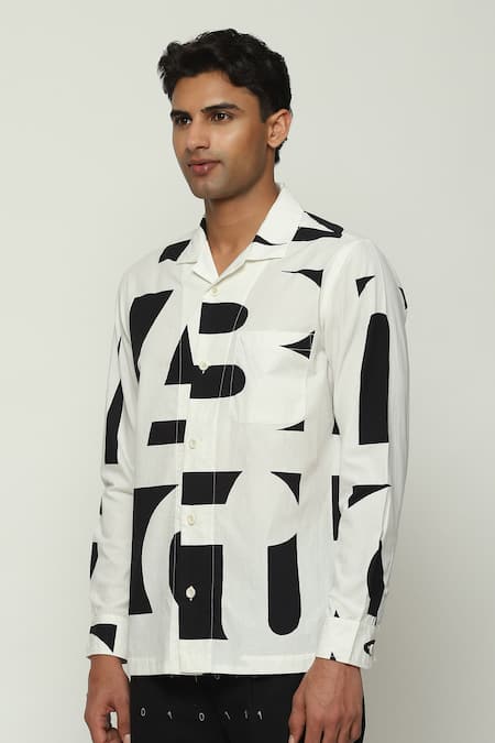 Buy_Abraham And Thakore_White Cotton Calligraphy Print Shirt_Online_at_Aza_Fashions
