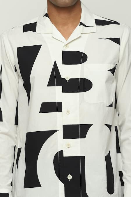 Abraham And Thakore_White Cotton Calligraphy Print Shirt_at_Aza_Fashions