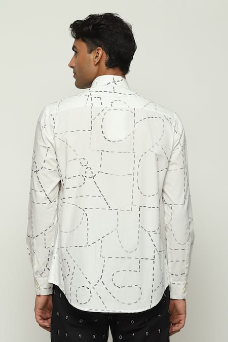 Shop Abraham And Thakore White Cotton Embroidery Kantha Calligraphy Shirt at Aza Fashions Shop_Abraham And Thakore_White Cotton Embroidery Kantha Calligraphy Shirt _at_Aza_Fashions