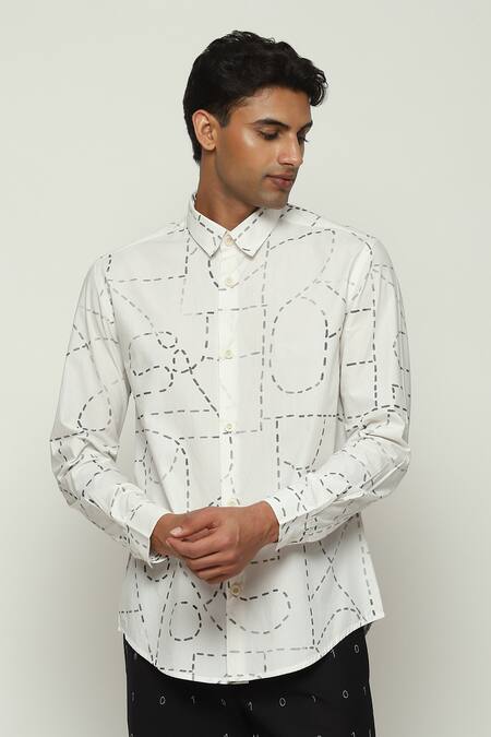 Abraham And Thakore White Cotton Embroidery Kantha Calligraphy Shirt Online at Aza Fashions Abraham And Thakore_White Cotton Embroidery Kantha Calligraphy Shirt _Online_at_Aza_Fashions