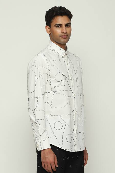 Shop Abraham And Thakore White Cotton Embroidery Kantha Calligraphy Shirt Online at Aza Fashions Shop_Abraham And Thakore_White Cotton Embroidery Kantha Calligraphy Shirt _Online_at_Aza_Fashions