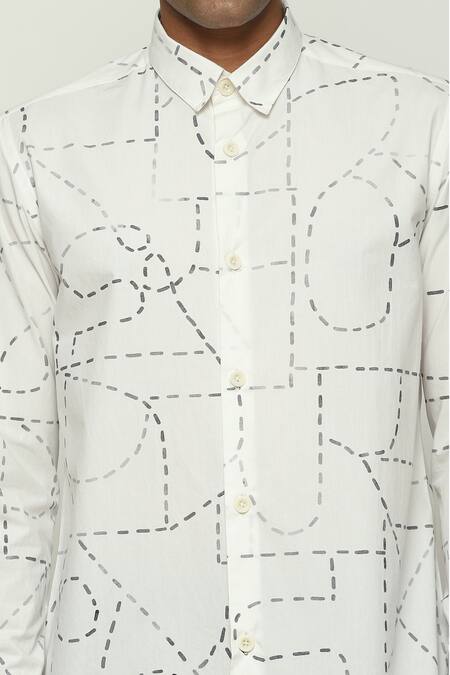 Abraham And Thakore White Cotton Embroidery Kantha Calligraphy Shirt at Aza Fashions Abraham And Thakore_White Cotton Embroidery Kantha Calligraphy Shirt _at_Aza_Fashions