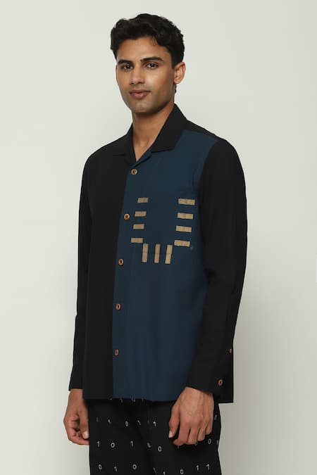 Abraham And Thakore Black Cotton, Poplin Embroidery Two Tone Shirt at Aza Fashions Abraham And Thakore_Black Cotton, Poplin Embroidery Two Tone Shirt _at_Aza_Fashions