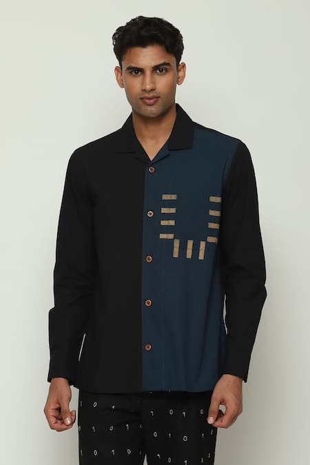 Buy Abraham And Thakore Black Cotton, Poplin Embroidery Two Tone Shirt Buy_Abraham And Thakore_Black Cotton, Poplin Embroidery Two Tone Shirt