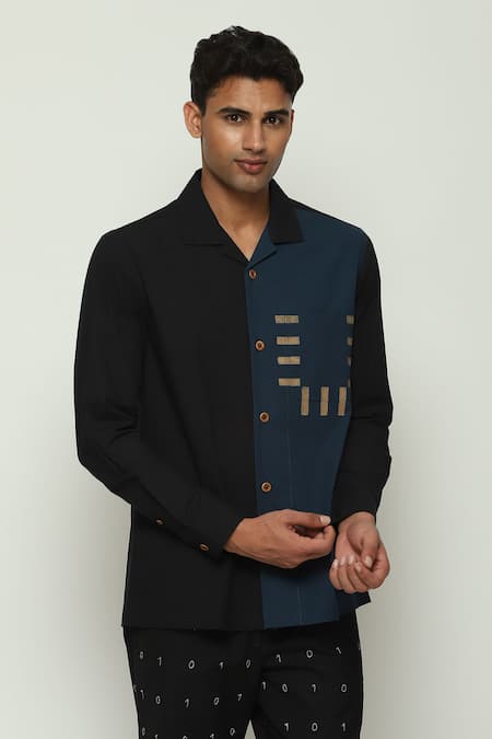 Shop Abraham And Thakore Black Cotton, Poplin Embroidery Two Tone Shirt Shop_Abraham And Thakore_Black Cotton, Poplin Embroidery Two Tone Shirt