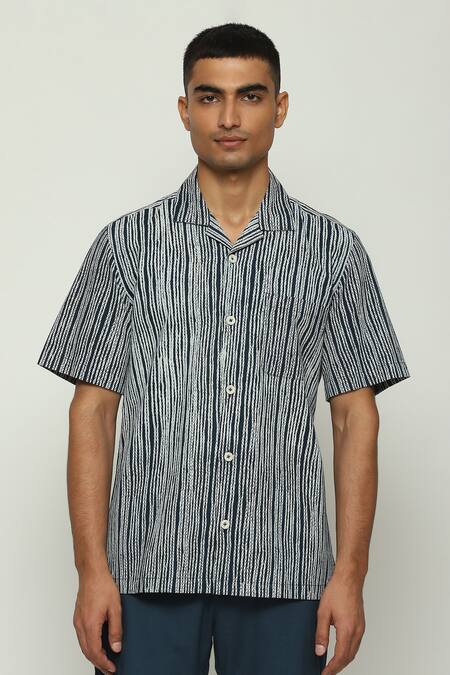 Abraham And Thakore_Black Cotton Embroidery Half Sleeve Crewel Print Shirt_Online_at_Aza_Fashions