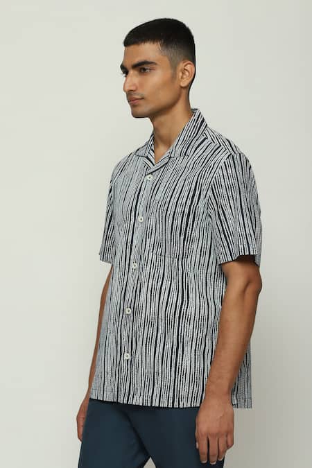 Buy_Abraham And Thakore_Black Cotton Embroidery Half Sleeve Crewel Print Shirt_Online_at_Aza_Fashions